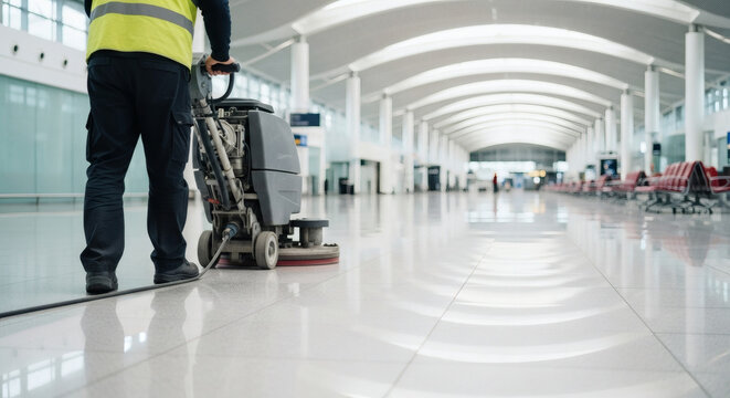 Professional cleaner using floor scrubber machine in empty terminal
