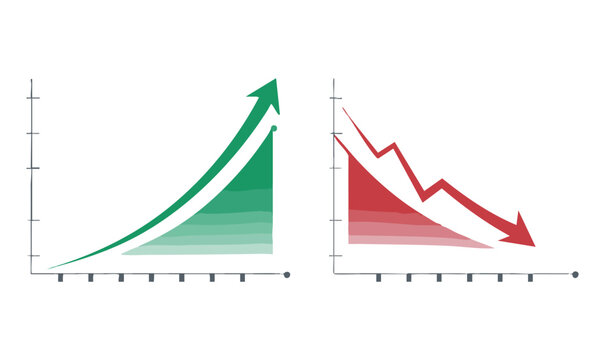 Green upward growth arrow and red downward decline graph vector illustration showing market trends