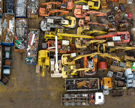 Aerial view of scrapped cars and crushed metal debris piled in a junkyard and recycling site in Hoogeveen, Drenthe, Netherlands.