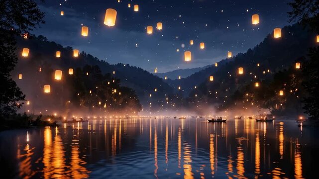 Bright lanterns rise into the night sky above the river while boats glide across the water. The event takes place in the mountains at dusk.