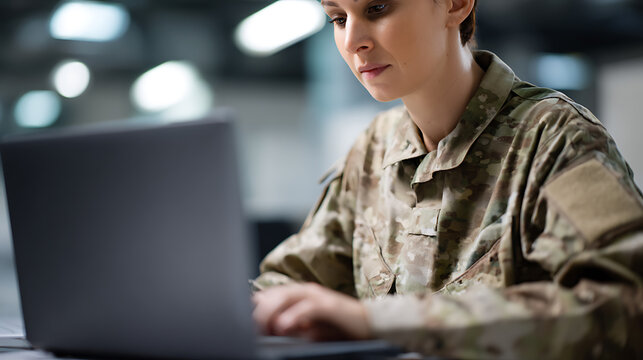 Focused female service member in camouflage uniform use laptop, a modern portrait of a soldier working diligently on computer technology