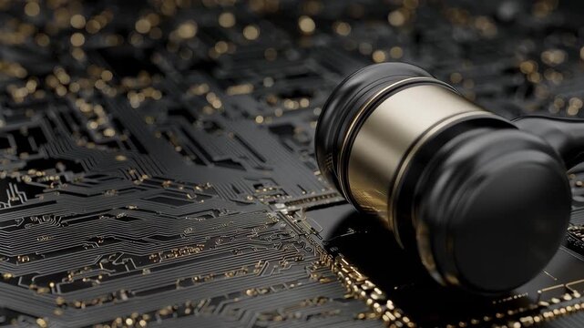 A gavel is placed on a circuit board, highlighting the connection between legal matters and technology in todays world.