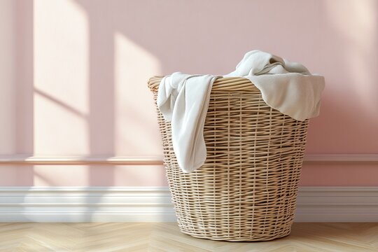 Laundry basket filled with clean towels in a cozy laundry room with pastel walls