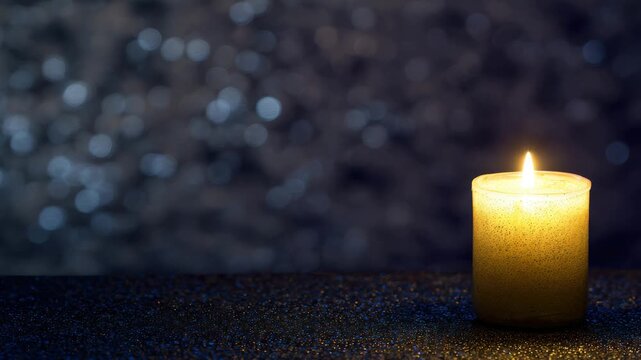 Burning candle with bokeh lights background for spiritual, holiday, or memorial concepts