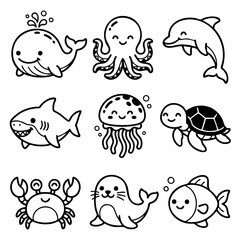 Obraz premium Cute Sea Animals Doodle Icons Set