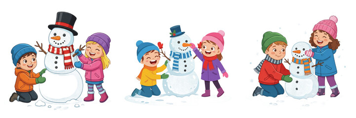 Set and collection of cartoon children building a snowman isolated on white background