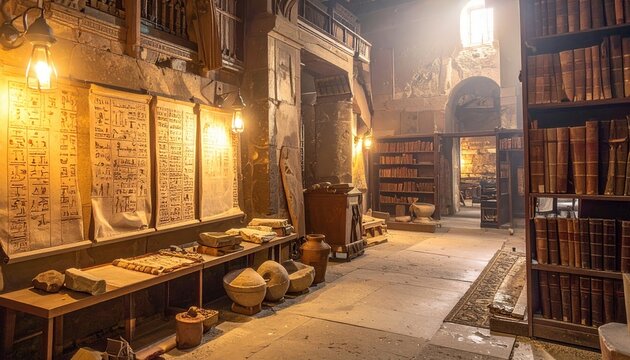 An immersive display of diverse ancient scripts on papyrus, stone, and clay within a historic library setting, revealing humanity's early communication methods and rich cultural narratives.