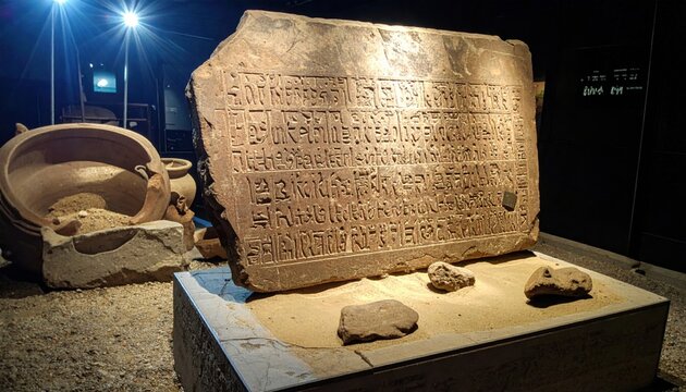 Ancient clay tablet etched with cuneiform script, displayed on a stone pedestal in a dimly lit museum setting