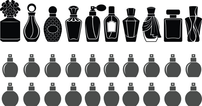 Large collection of black perfume bottle silhouettes and fragrance spray icons featuring various elegant glass bottle shapes for beauty design