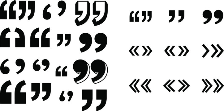 Large collection of black quotation marks and comma silhouettes in various typographic styles for editorial citations and text callouts
