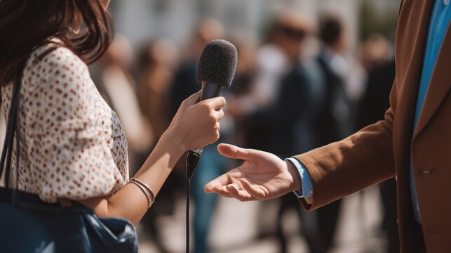 Female reporter holding a microphone during an outdoor interview with an official. Concept of media transparency, investigative journalism, and news reporting.