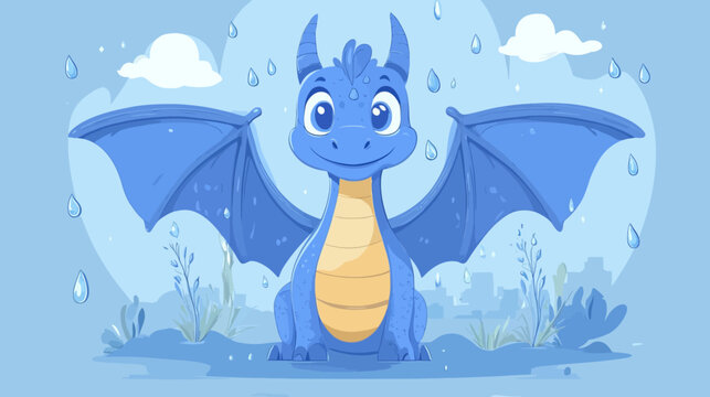 Cute blue cartoon dragon with big eyes and wings in rain
