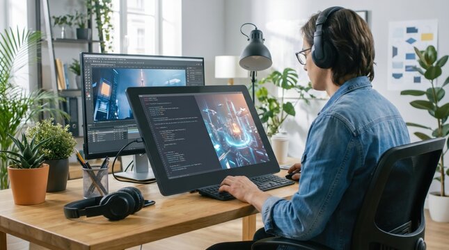 Digital artist creating futuristic 3d city environment using pen display tablet and design software