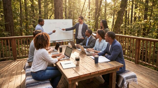 Corporate team participating in outdoor strategy presentation on wooden deck surrounded by tranquil forest