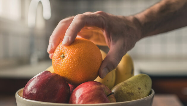 hand taking an orange from a bowl of fruit