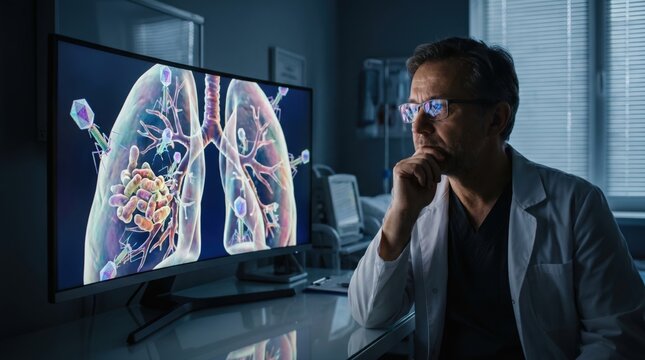Focused doctor analyzing digital render of bacteriophages targeting lung infection on medical computer monitor
