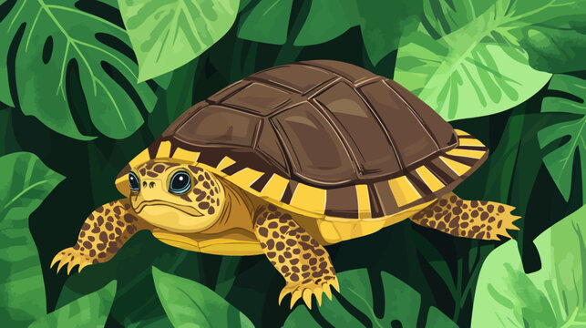 Illustration of a tortoise with a patterned shell walking among green tropical leaves