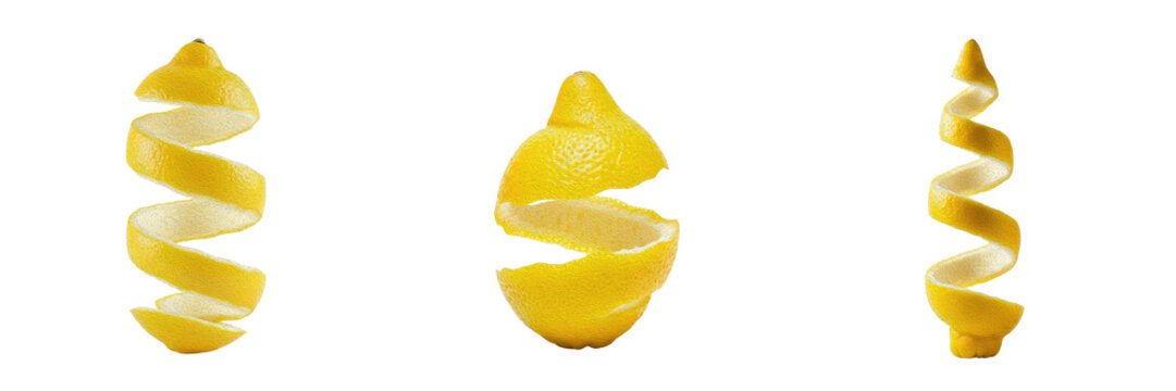 Fresh Yellow Lemon Fruit with a Long Spiraled Peel Zest for Citrus Food and Beverage Flavor Branding Isolated on Transparent White Background PNG Set