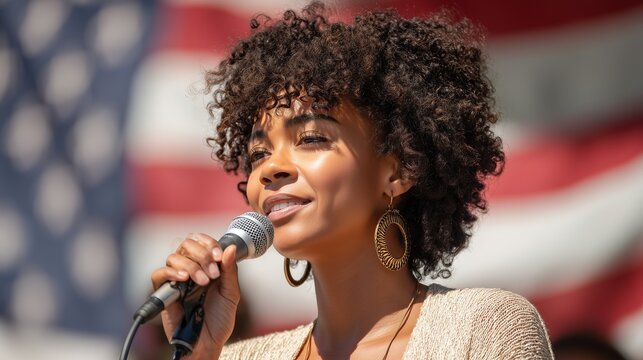 A smiling black female leader speaks into a microphone against a blurred crowd and USA flags. Concept of youthful energy, charisma, and positive social influence.