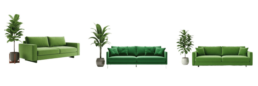 Modern Living Room Set with Elegant Green Velvet Sofa and Tall Potted Houseplant for Luxury Interior Design Isolated on Transparent White Background PNG Set
