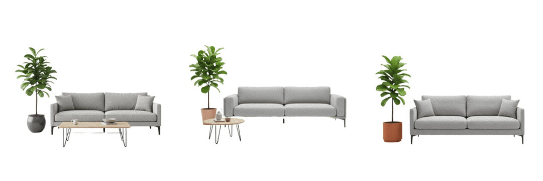 Modern Living Room Furniture Set with Grey Fabric Sofa and Potted Green Plant for Interior Design Mockups Isolated on Transparent White Background PNG Set