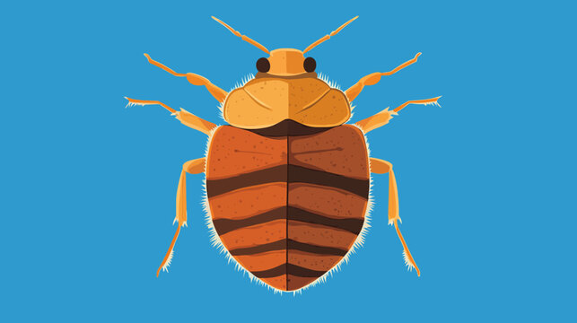 Detailed illustration of a bed bug with segmented body, six legs, antennae, and large dark eyes against a blue background