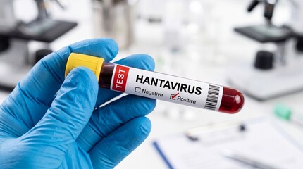 Obraz premium Hand holding a test tube labeled 'Hantavirus' in a laboratory setting