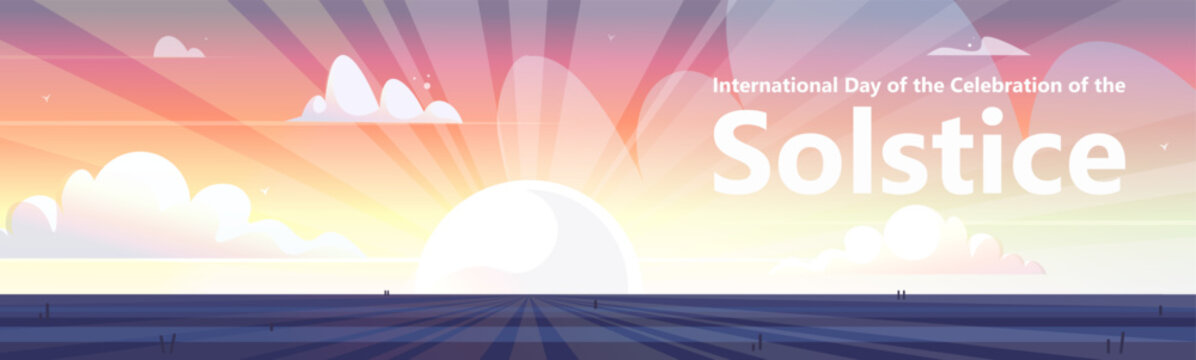  Illustration of a sunrise or sunset over the horizon with rays of light. International Day of the Celebration of the Solstice. Concept balance and seasonal change. Vector Not AI generated.