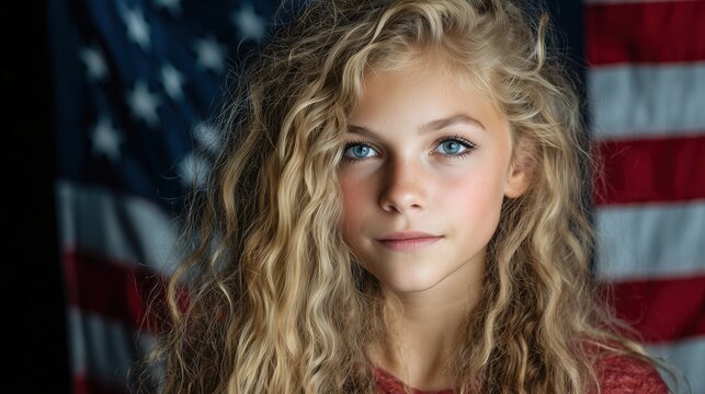 Close-up of a thoughtful child with national symbols in the background. Concept of national identity, patriotic spirit, and devotion to traditional American values.