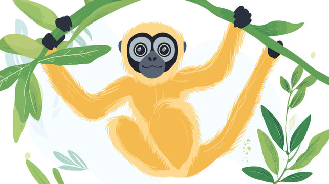 Cute yellow baby monkey hanging on a green leafy branch in jungle