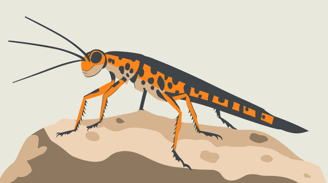 An illustration of a colorful, digital insect with elongated antennae on a sandy surface