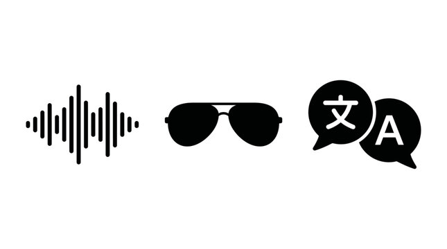 Black silhouette icons of a sound wave audio frequency aviator sunglasses and translation speech bubbles isolated on a clean white background art