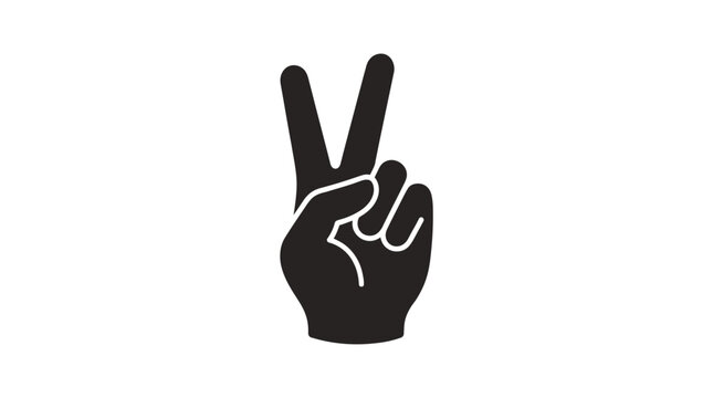 Single black silhouette of a human hand making the peace sign or v for victory gesture with two fingers up isolated on a plain white background art