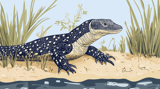 Detailed illustration of a large, spotted lizard resting on sandy riverbank with lush green plants
