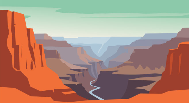 Vast Grand Canyon Landscape Illustration, a Majestic Canyon in the American Southwest with a River, vector illustration
