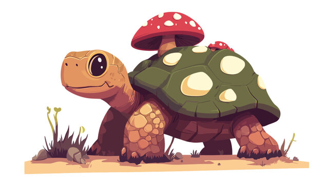 Cartoon tortoise with green shell and red mushroom on back
