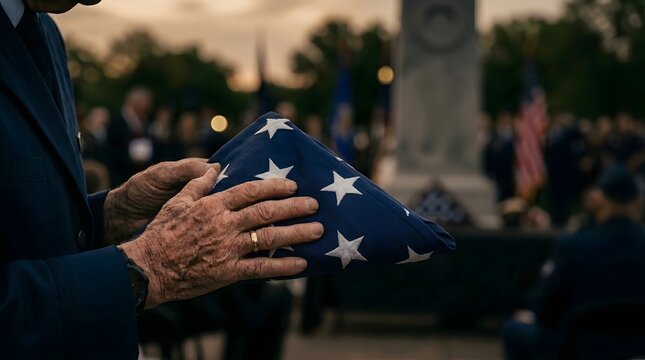 A dignified veterans aged hands respectfully hold a perfectly folded American flag at a solemn outdoor remembrance ceremony honoring military service