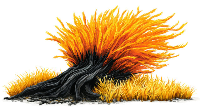 Vibrant autumn tree with fiery orange foliage, dark twisted trunk, and surrounding grass