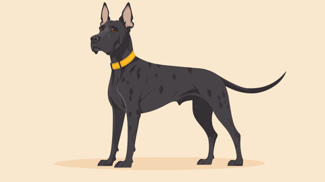 Illustration of a black Great Dane dog with a yellow collar standing on beige background
