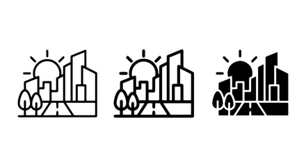 Naklejka premium Modern Cityscape Icons, Urban Skyline Graphics, Architectural Vector Art, Set of 3 Building Symbols