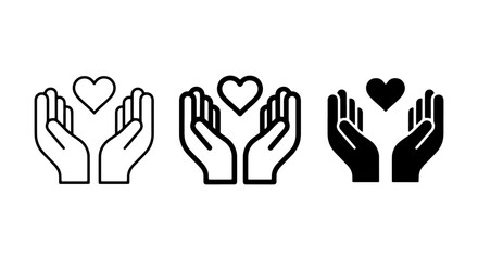 Fototapeta premium Set of Three Heart Hands Icons, Vector Graphics for Care, Love, and Support Concepts, Simple Outline and Silhouette Styles