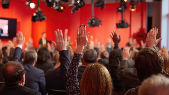 A large group of people raising hands during a political campaign event. Conceptual representation of democratic voting, public support, and citizen activism.