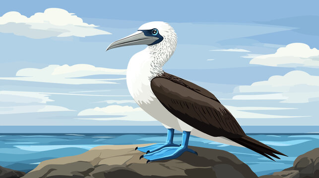 Illustrative seabird perched on rocks with ocean background