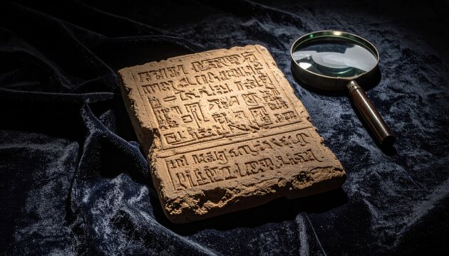 Ancient Cuneiform Clay Tablet With Inscriptions Being Examined Under Magnifying Glass on Dark Velvet Surface