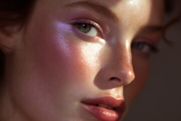 Fototapeta premium Radiant iridescent closeup woman face with dewy makeup and pastel highlight for beauty advertisement banner and skincare design