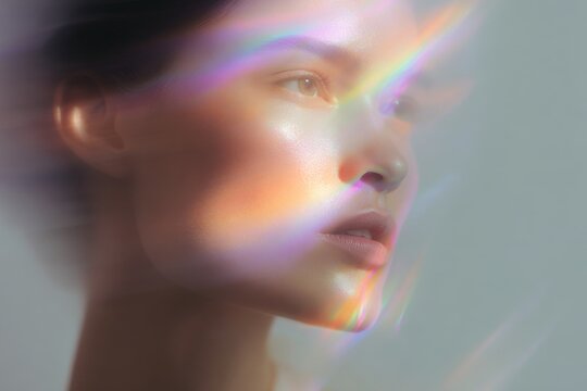 Deconstructed beauty face concept with prismatic rainbow light across cheekbone and jaw for cosmetic editorial and abstract background
