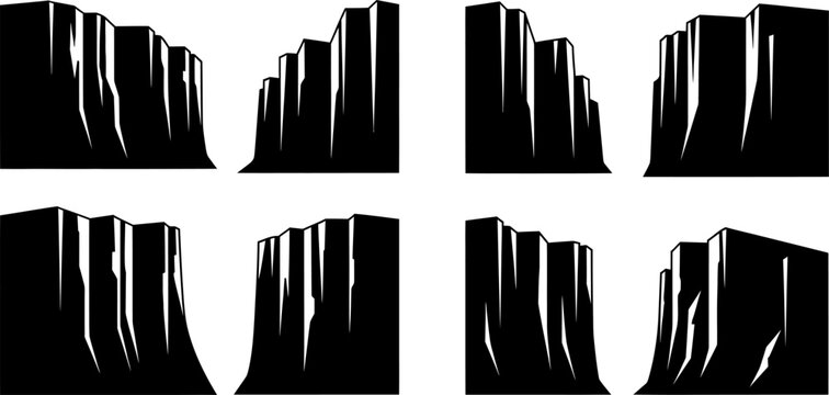 Stylized black canyon wall silhouettes with vertical striations vector art