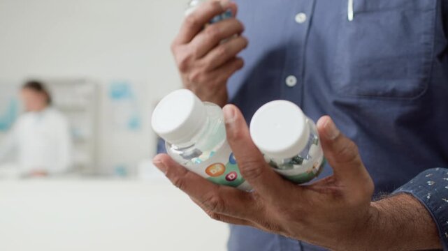 Close up shot of unrecognizable man holding multiple medication bottles in hand and reading labels while choosing multivitamins for seniors, copy space