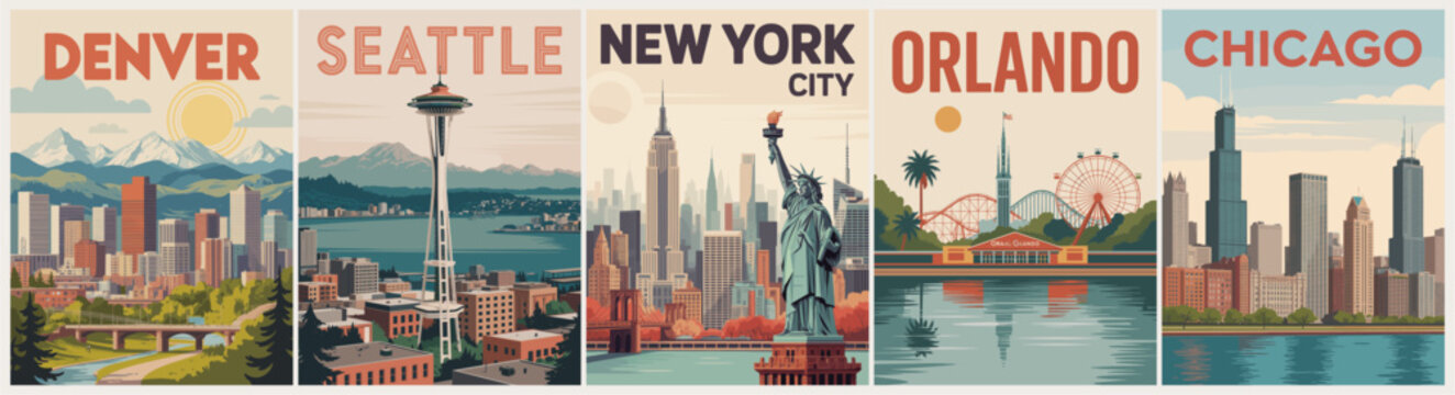 Vintage travel poster shows five major cities. Denver's mountains rise behind its skyline. Seattle's Space Needle towers over calm waters. New York's skyline holds the Statue of Liberty