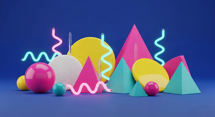 Obraz premium Modern 3D Memphis style art background featuring abstract colorful geometric shapes spheres and glowing neon lines on a deep blue studio floor for creative art design